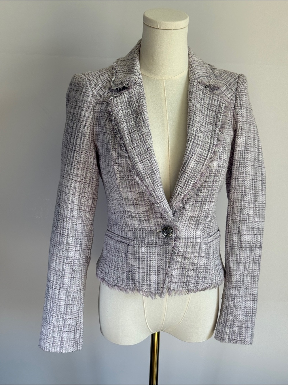 White House Black Market Lavender Tweed Fringe Blazer